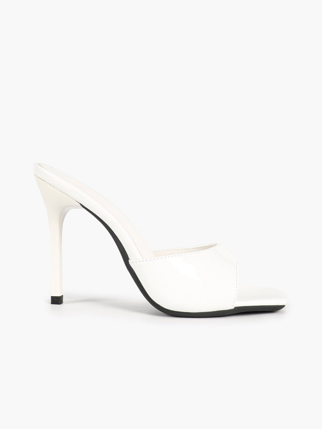 White Patent Leather Square Toe Single-Band Mule Heels Slip-On Stilettos with Soft Insole