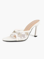 Gilded Mesh Mules - Beige Sequin Sandals with a 3.74" Stable Heel