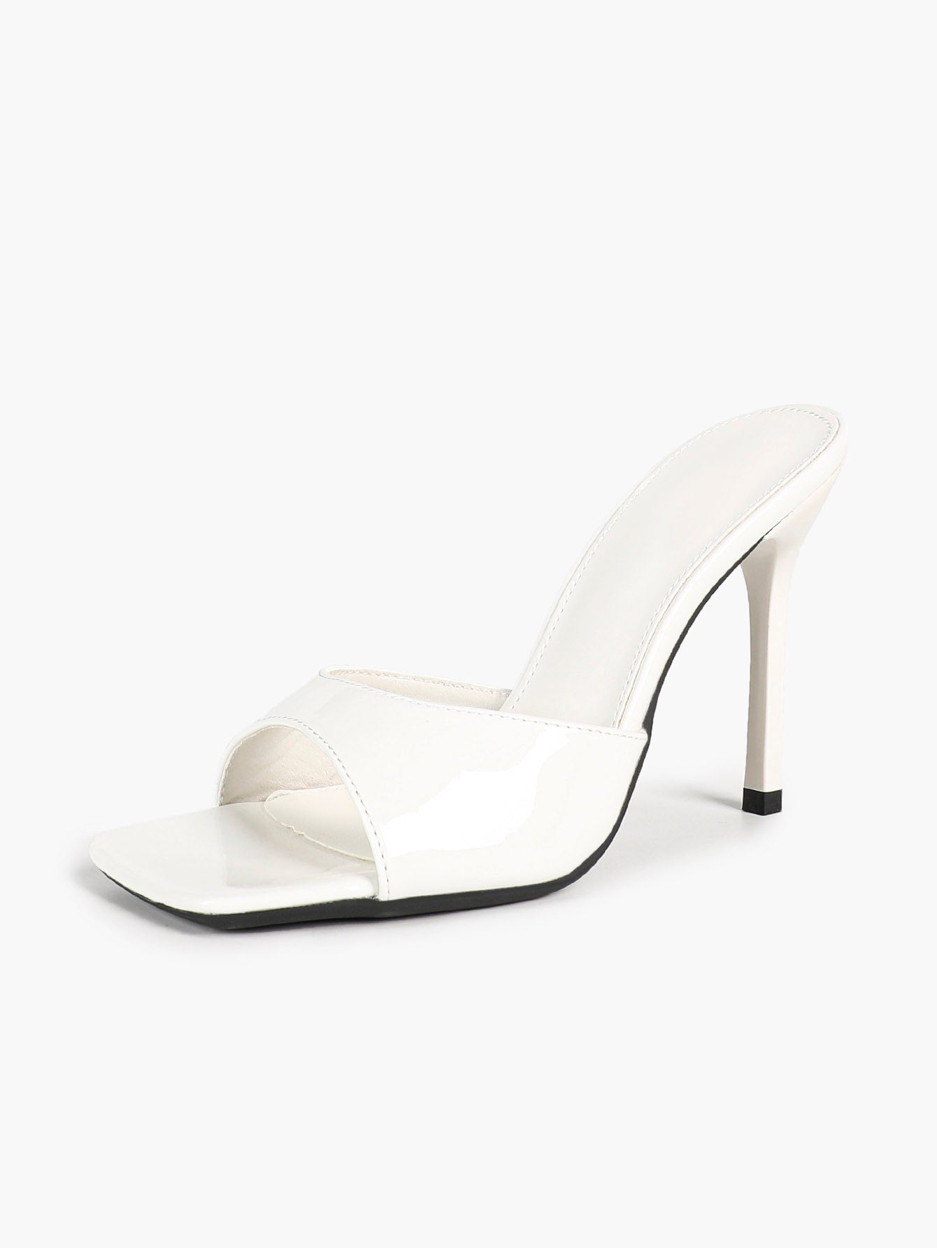 White Patent Leather Square Toe Single-Band Mule Heels Slip-On Stilettos with Soft Insole