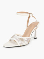 The Moonlight Muse: White Mesh Embroidered Strap Heels with a 3.74" Sculpted Heel