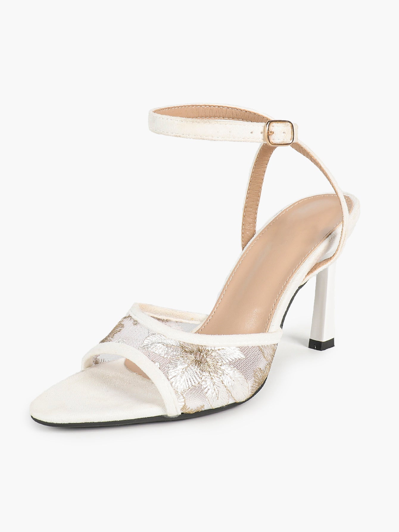 The Moonlight Muse: White Mesh Embroidered Strap Heels with a 3.74" Sculpted Heel