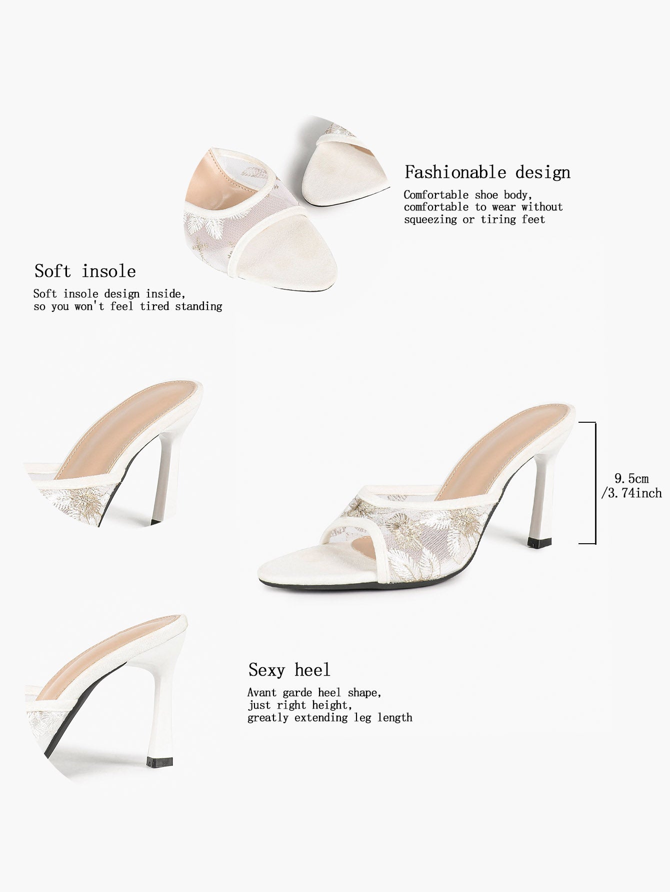 Gilded Mesh Mules - Beige Sequin Sandals with a 3.74" Stable Heel