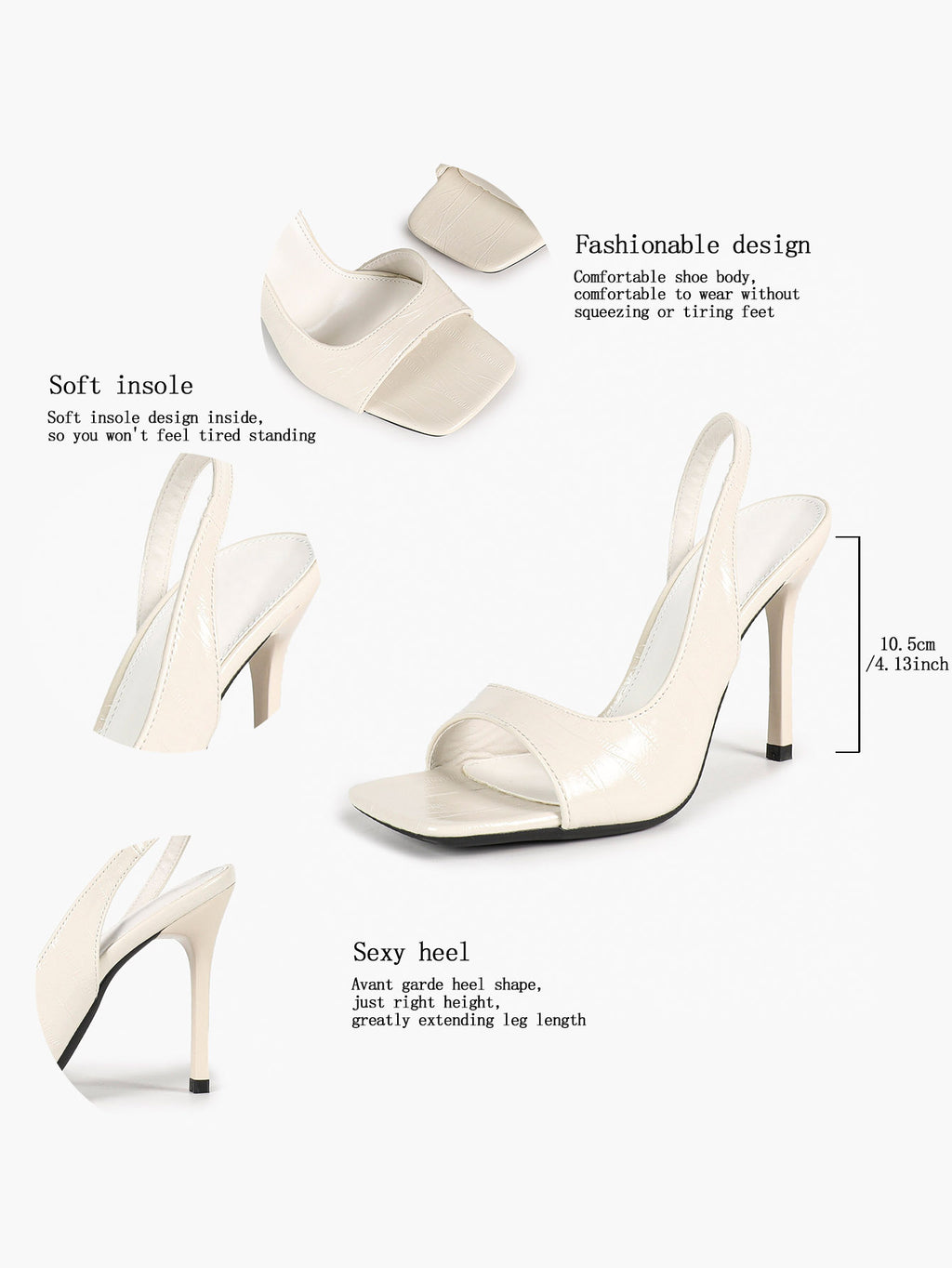 Beige Croc-Embossed Patent Leather Square Toe Slingback Stilettos High Heels with Soft Insole