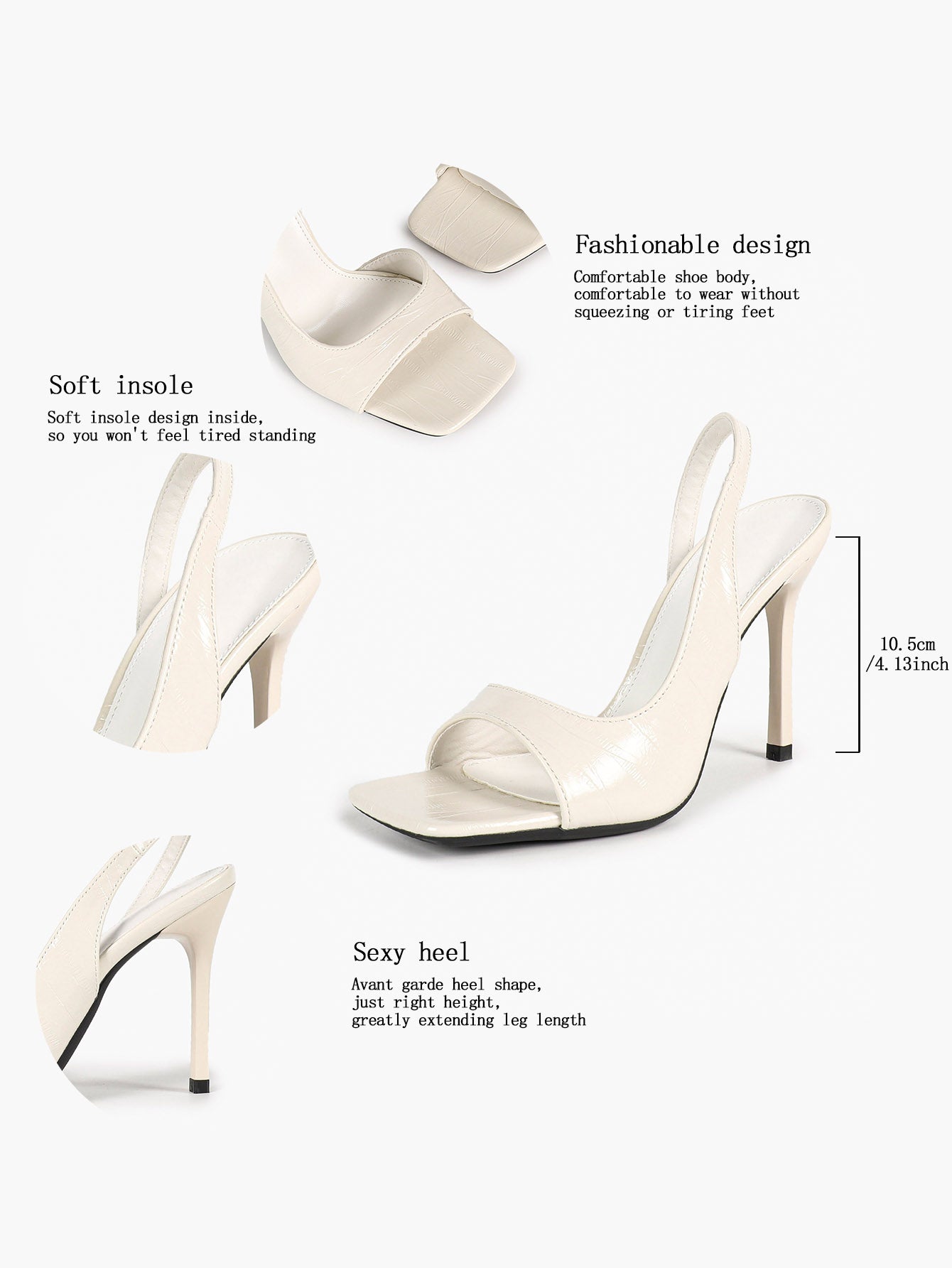 Beige Croc-Embossed Patent Leather Square Toe Slingback Stilettos High Heels with Soft Insole