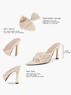 Pink Lace Embroidered Pointed Toe Mule Heels Slip-On Wide Strap Block Heels with Soft Insole