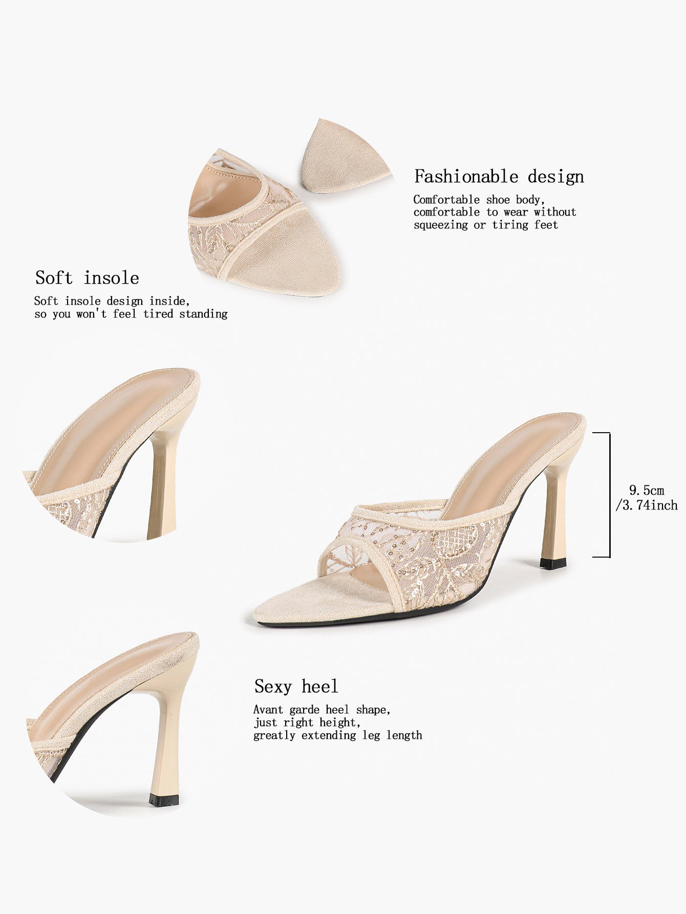 Pink Lace Embroidered Pointed Toe Mule Heels Slip-On Wide Strap Block Heels with Soft Insole