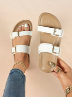 Black Patent Croc-Embossed Double Buckle Slide Sandals