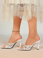 Gilded Mesh Mules - Beige Sequin Sandals with a 3.74" Stable Heel