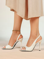 Beige Croc-Embossed Patent Leather Square Toe Slingback Stilettos High Heels with Soft Insole