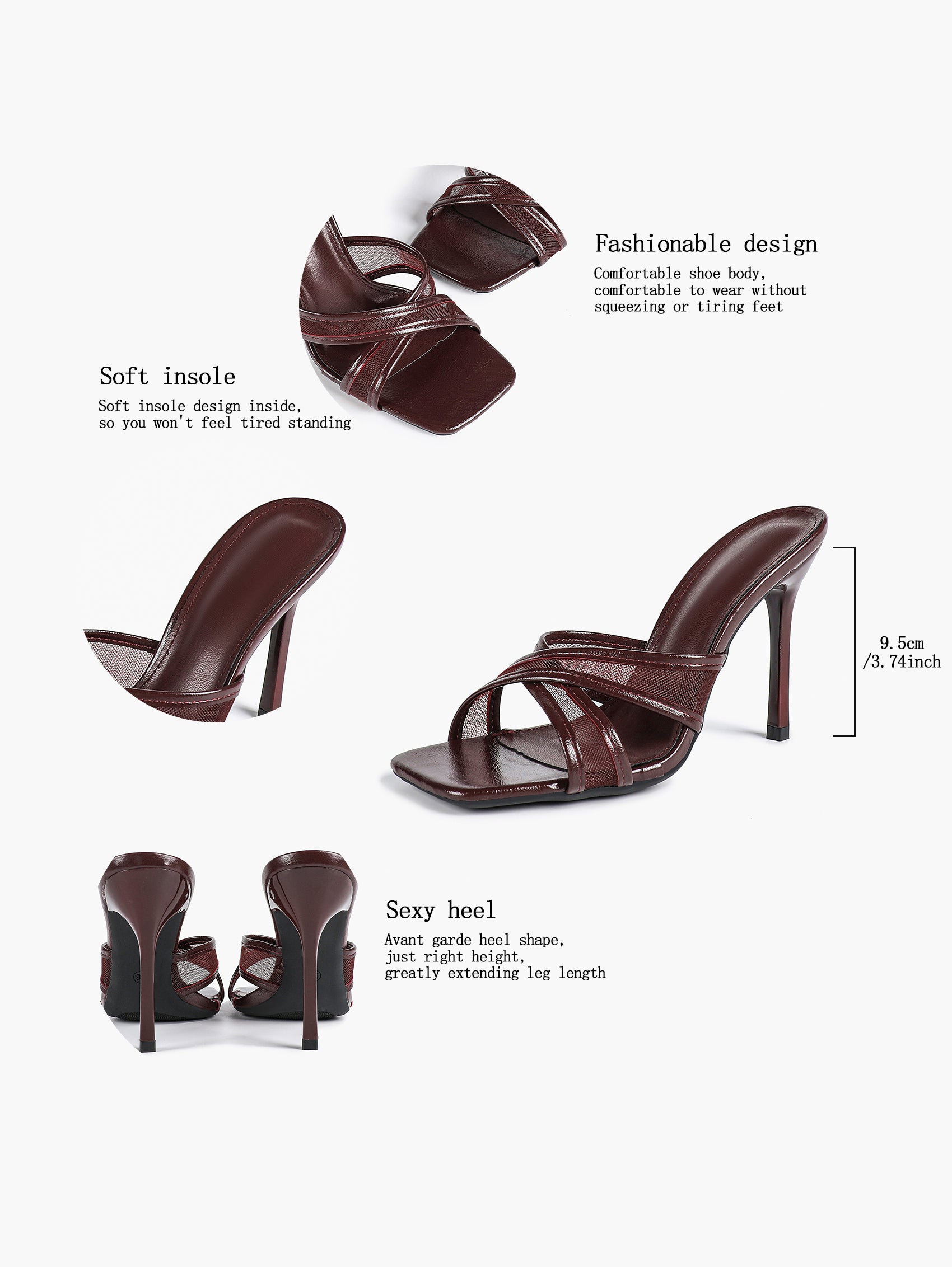 Mesh Panel Square Toe Heeled Mules Slide Sandals Party Clubwear