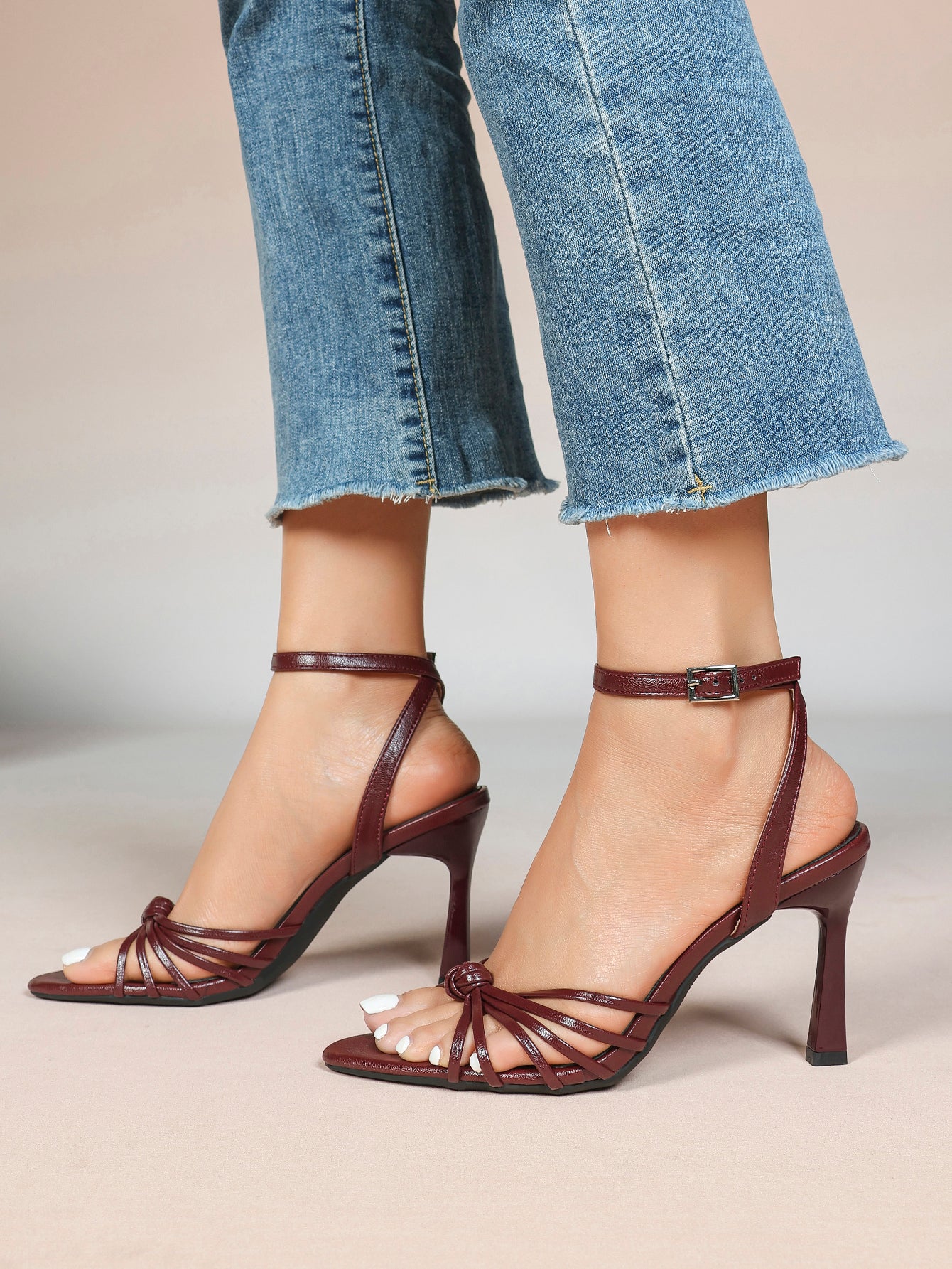 Gold Metallic Knotted Multi-Strap Open Toe Ankle Strap High Heel Sandals