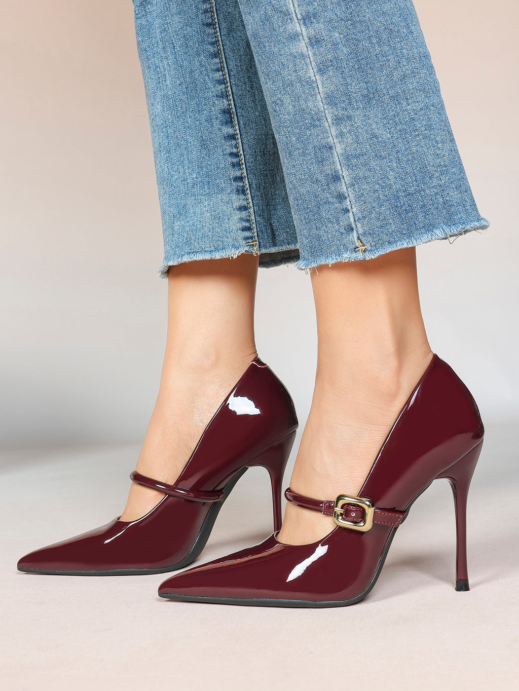 Elegant Burgundy Patent Pointed Stiletto Heels | Leather Strap with Gold Buckle ISHIFIVAN