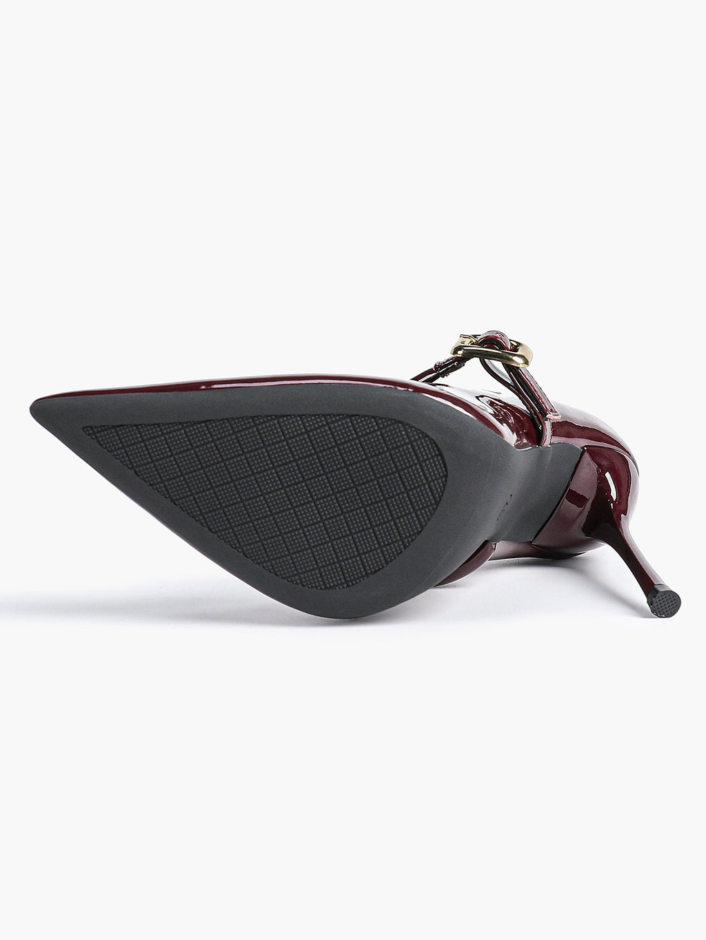 Elegant Burgundy Patent Pointed Stiletto Heels | Leather Strap with Gold Buckle ISHIFIVAN