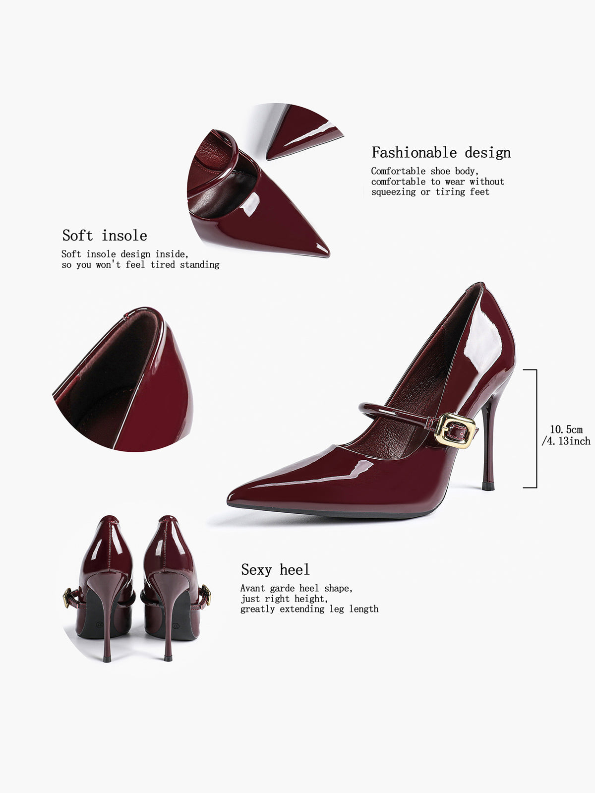 Elegant Burgundy Patent Pointed Stiletto Heels | Leather Strap with Gold Buckle ISHIFIVAN