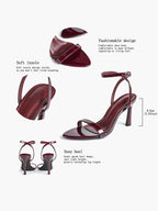 Black Leather Square Toe Ankle Strap High Heel Sandals