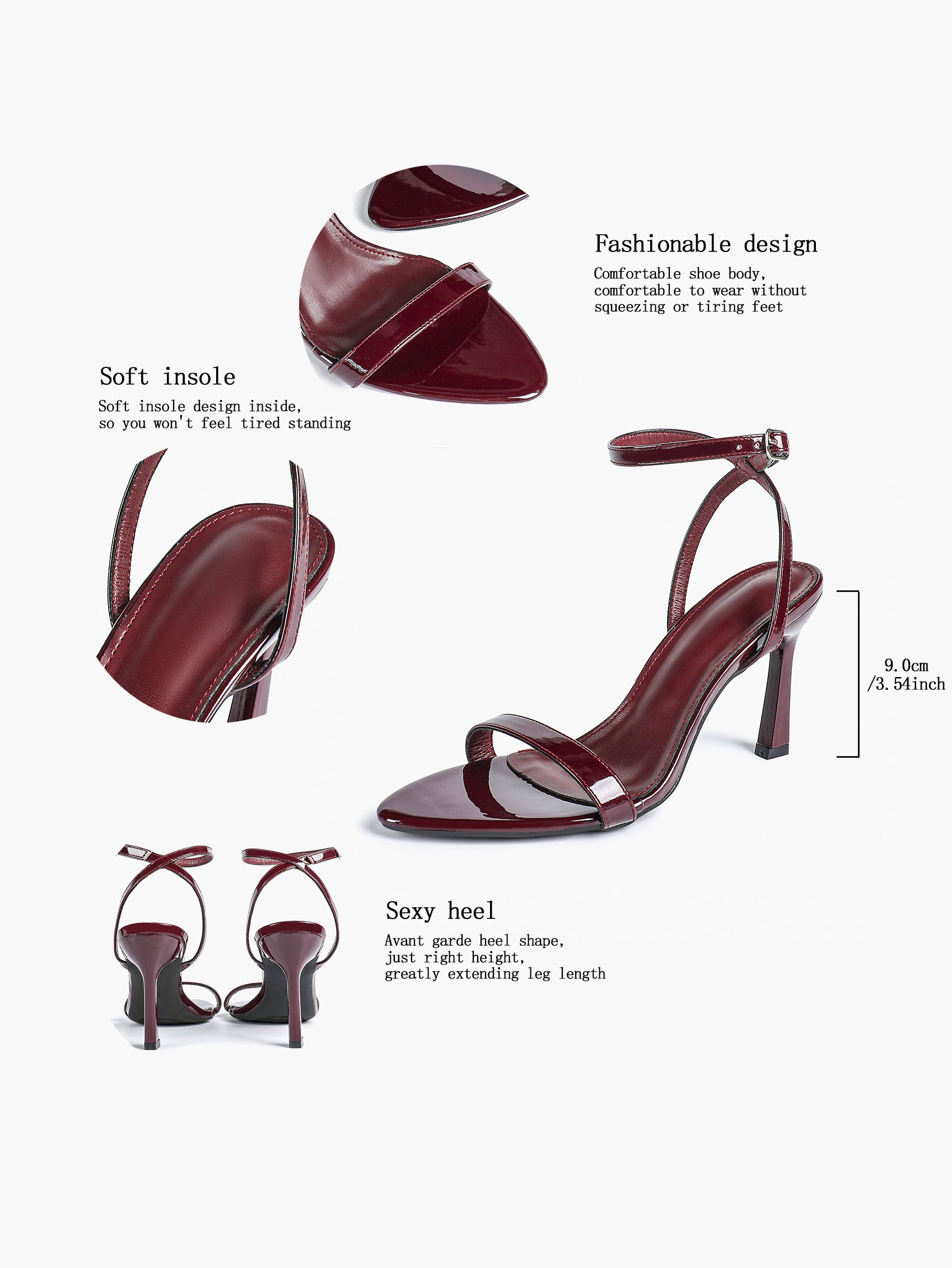Black Leather Square Toe Ankle Strap High Heel Sandals