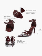 Black Leather Double Strap Heeled Sandals Open Toe - Casual Office Stiletto Pumps