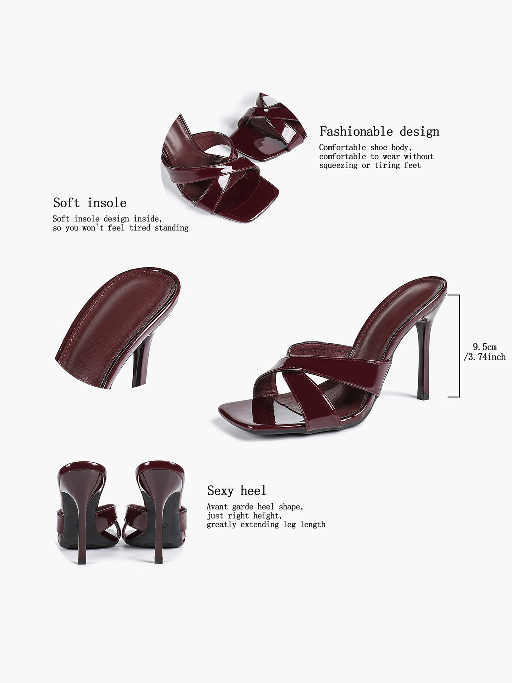 Women's Patent Leather Crisscross Strap High Heel Mules Square Toe Slip-On Stiletto Sandals