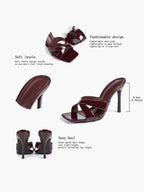 Women's Patent Leather Crisscross Strap High Heel Mules Square Toe Slip-On Stiletto Sandals