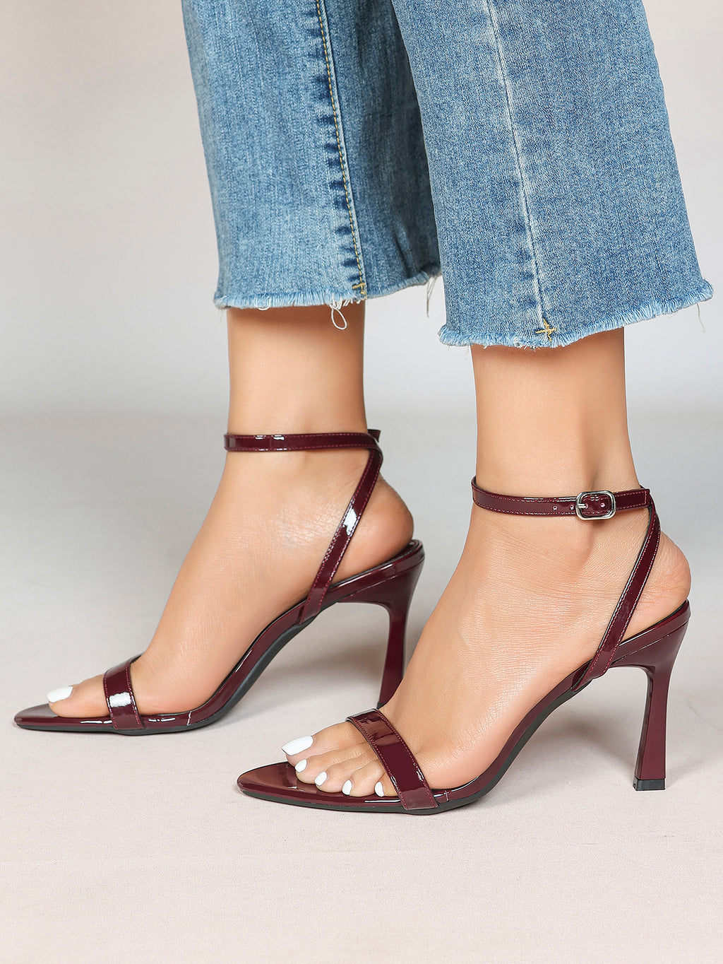Black Leather Square Toe Ankle Strap High Heel Sandals