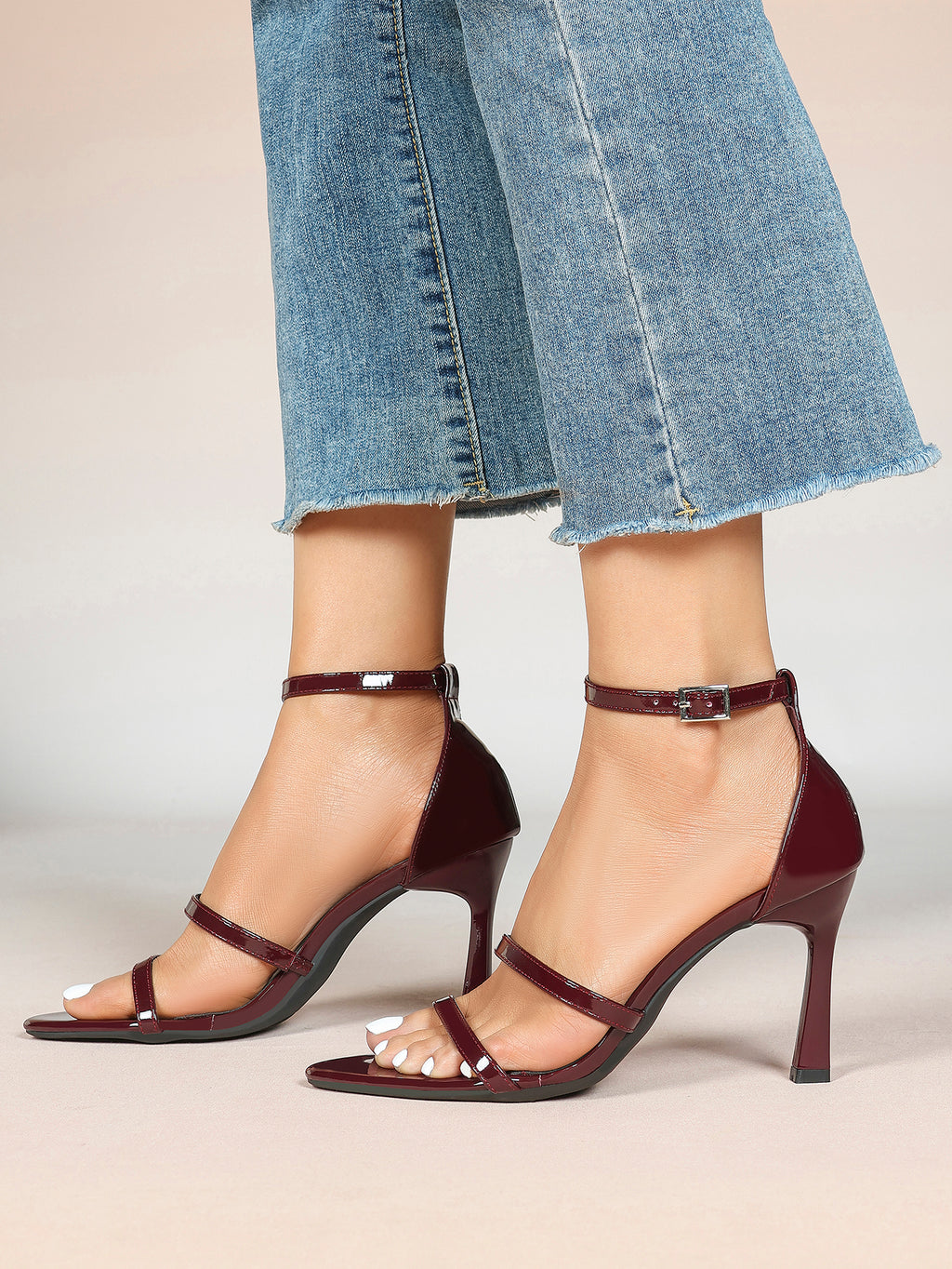Black Leather Double Strap Heeled Sandals Open Toe - Casual Office Stiletto Pumps