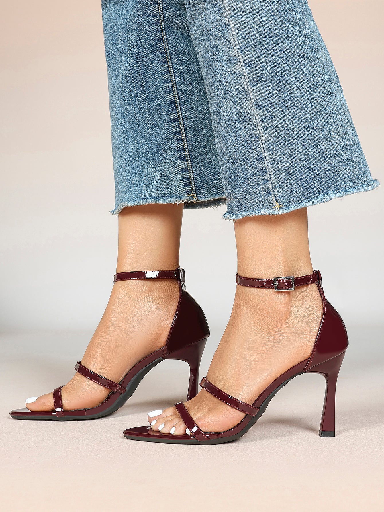 Black Leather Double Strap Heeled Sandals Open Toe - Casual Office Stiletto Pumps