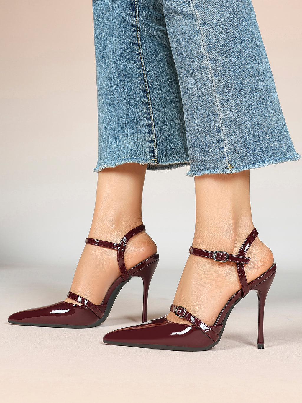 Double Strap Slingback Pointed Toe Stiletto Heels - Mary Jane Style Pumps