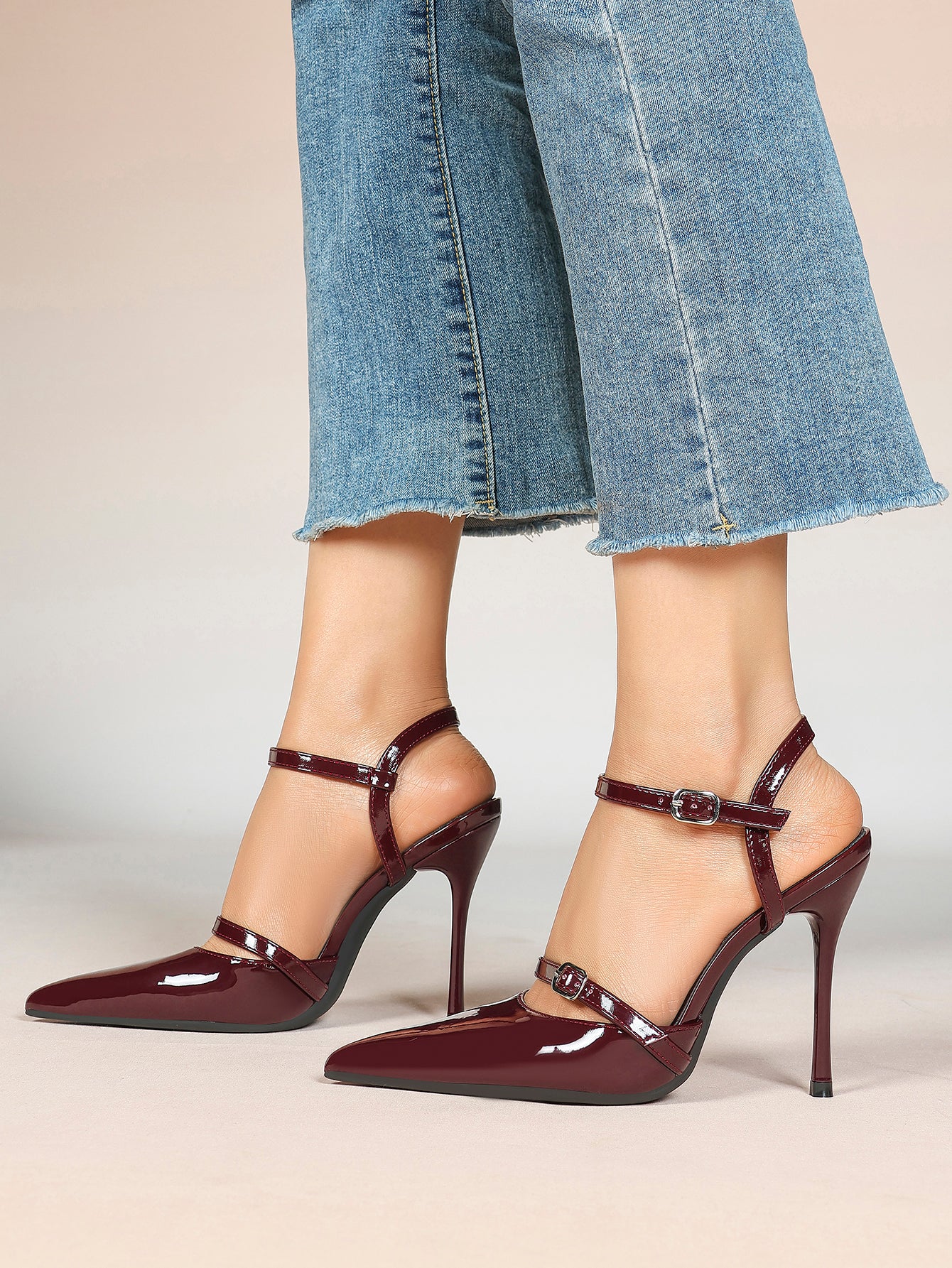 Double Strap Slingback Pointed Toe Stiletto Heels - Mary Jane Style Pumps