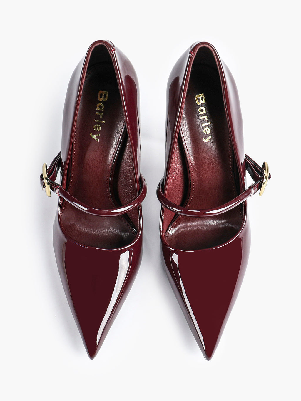 Elegant Burgundy Patent Pointed Stiletto Heels | Leather Strap with Gold Buckle ISHIFIVAN
