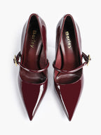 Elegant Burgundy Patent Pointed Stiletto Heels | Leather Strap with Gold Buckle ISHIFIVAN