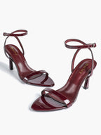 Black Leather Square Toe Ankle Strap High Heel Sandals