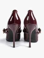 Elegant Burgundy Patent Pointed Stiletto Heels | Leather Strap with Gold Buckle ISHIFIVAN