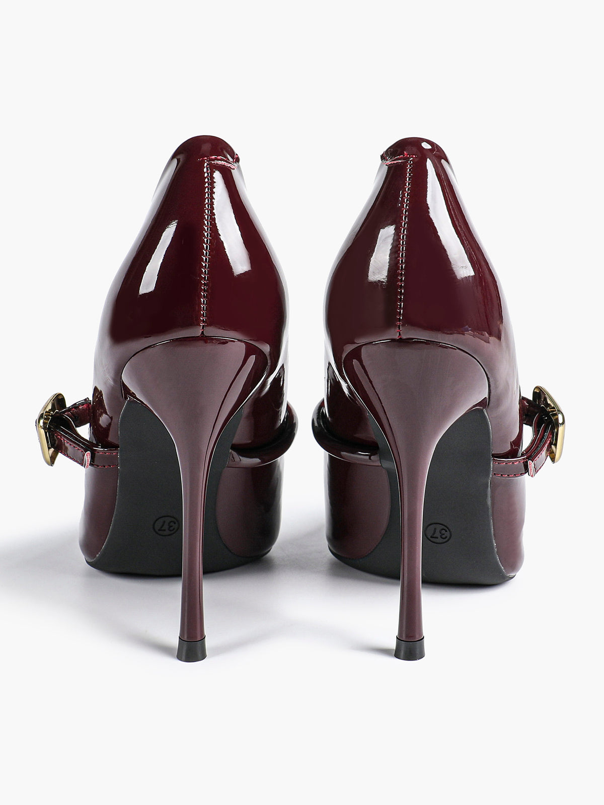 Elegant Burgundy Patent Pointed Stiletto Heels | Leather Strap with Gold Buckle ISHIFIVAN