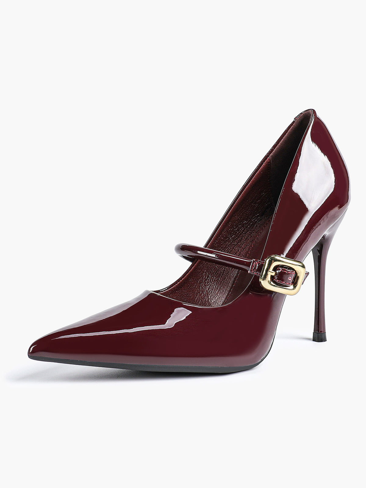 Elegant Burgundy Patent Pointed Stiletto Heels | Leather Strap with Gold Buckle ISHIFIVAN