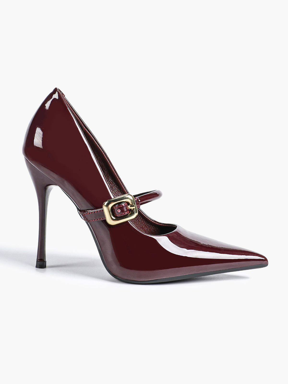 Elegant Burgundy Patent Pointed Stiletto Heels | Leather Strap with Gold Buckle ISHIFIVAN