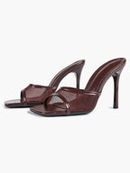 Women's Pink Mesh Panel Heel Mules Square Toe Slip-On Stiletto Sandals Party Date Shoes