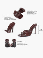 Women's Pink Mesh Panel Heel Mules Square Toe Slip-On Stiletto Sandals Party Date Shoes