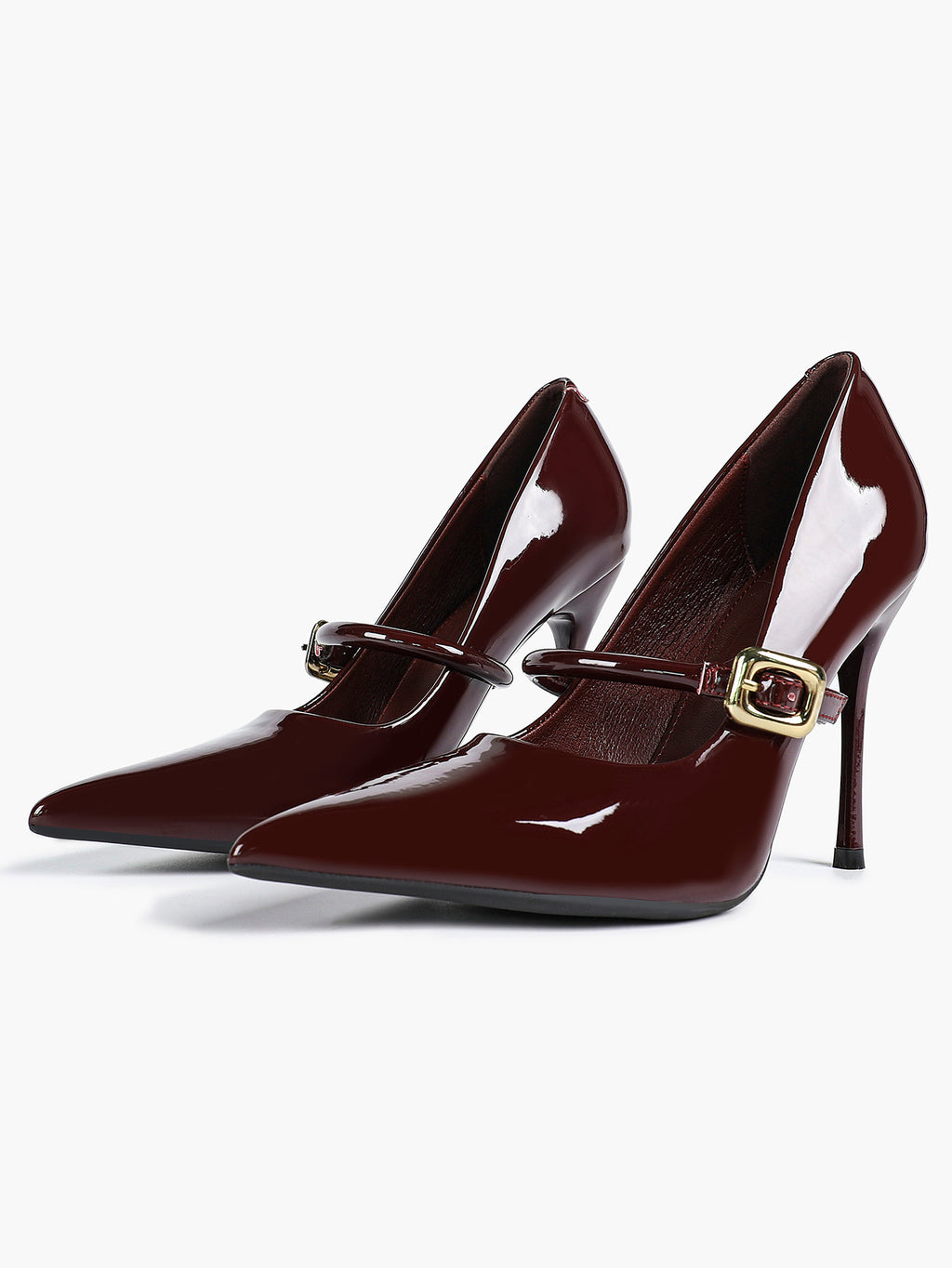 Elegant Burgundy Patent Pointed Stiletto Heels | Leather Strap with Gold Buckle ISHIFIVAN