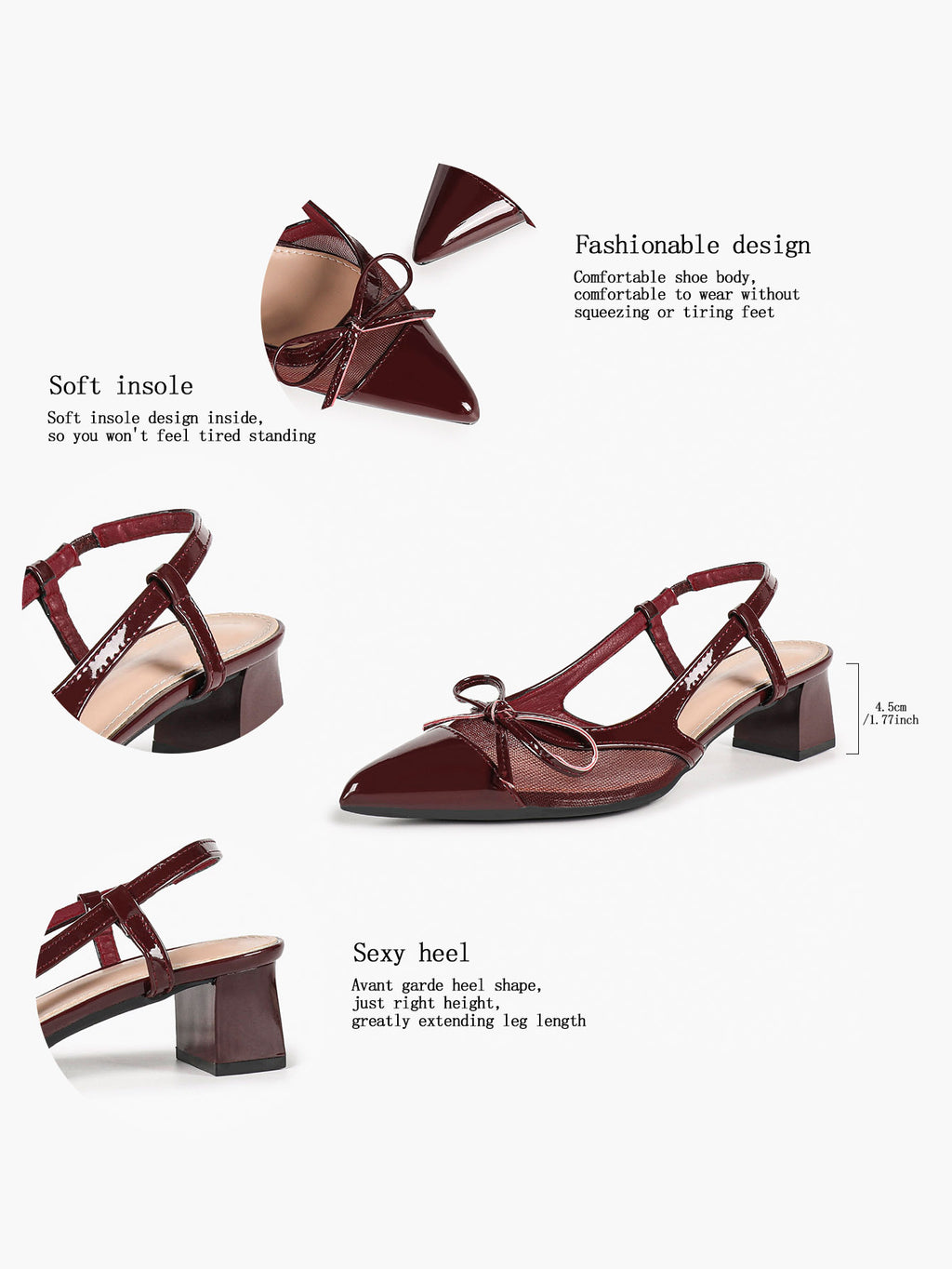 Burgundy Patent Bow Slingback Pumps with Mesh Panel and Comfort Heel