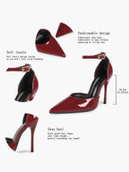 Glossy Red Wine Stiletto Pumps - Pointed Toe Ankle Strap Heels with Anti-Slip Sole