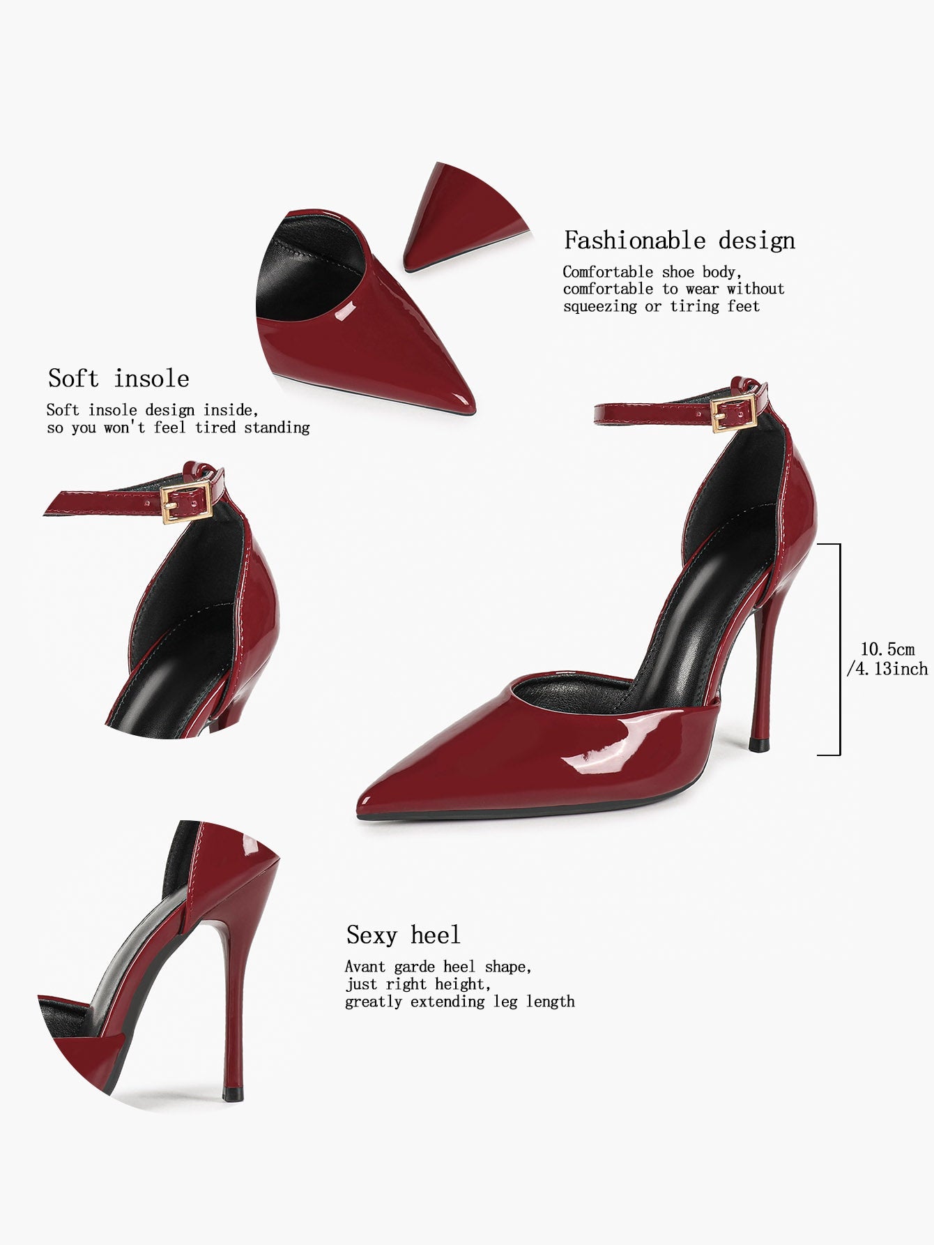 Glossy Red Wine Stiletto Pumps - Pointed Toe Ankle Strap Heels with Anti-Slip Sole