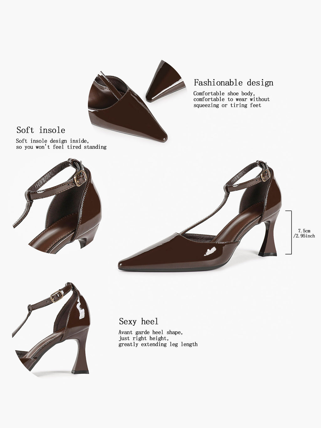 Parisian Stroll:  Chocolate Patent T-Strap Heels for All-Day Comfort