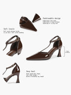 Parisian Stroll:  Chocolate Patent T-Strap Heels for All-Day Comfort