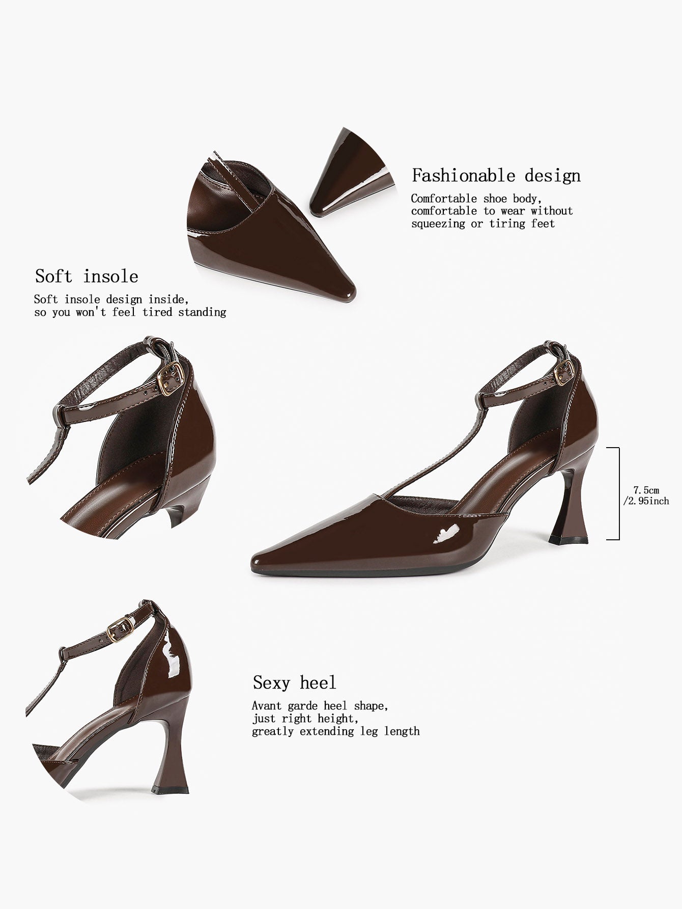 Parisian Stroll:  Chocolate Patent T-Strap Heels for All-Day Comfort