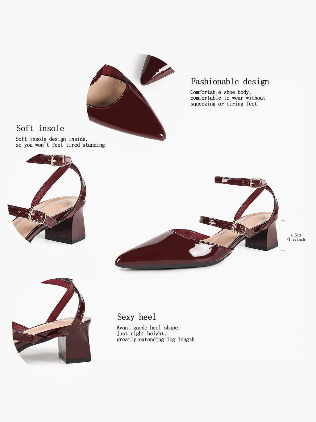 Burgundy Patent Cross-Strap Pointed-Toe Shoes with Comfort Block Kitten Heel