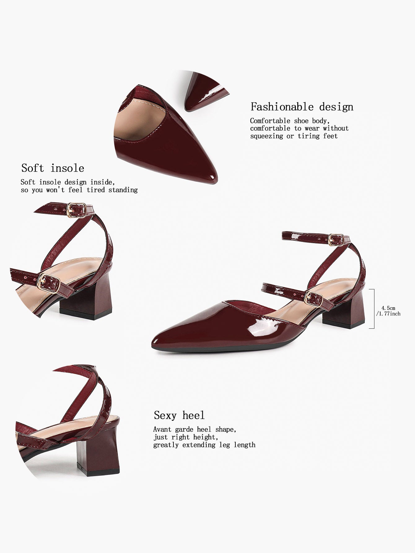 Burgundy Patent Cross-Strap Pointed-Toe Shoes with Comfort Block Kitten Heel