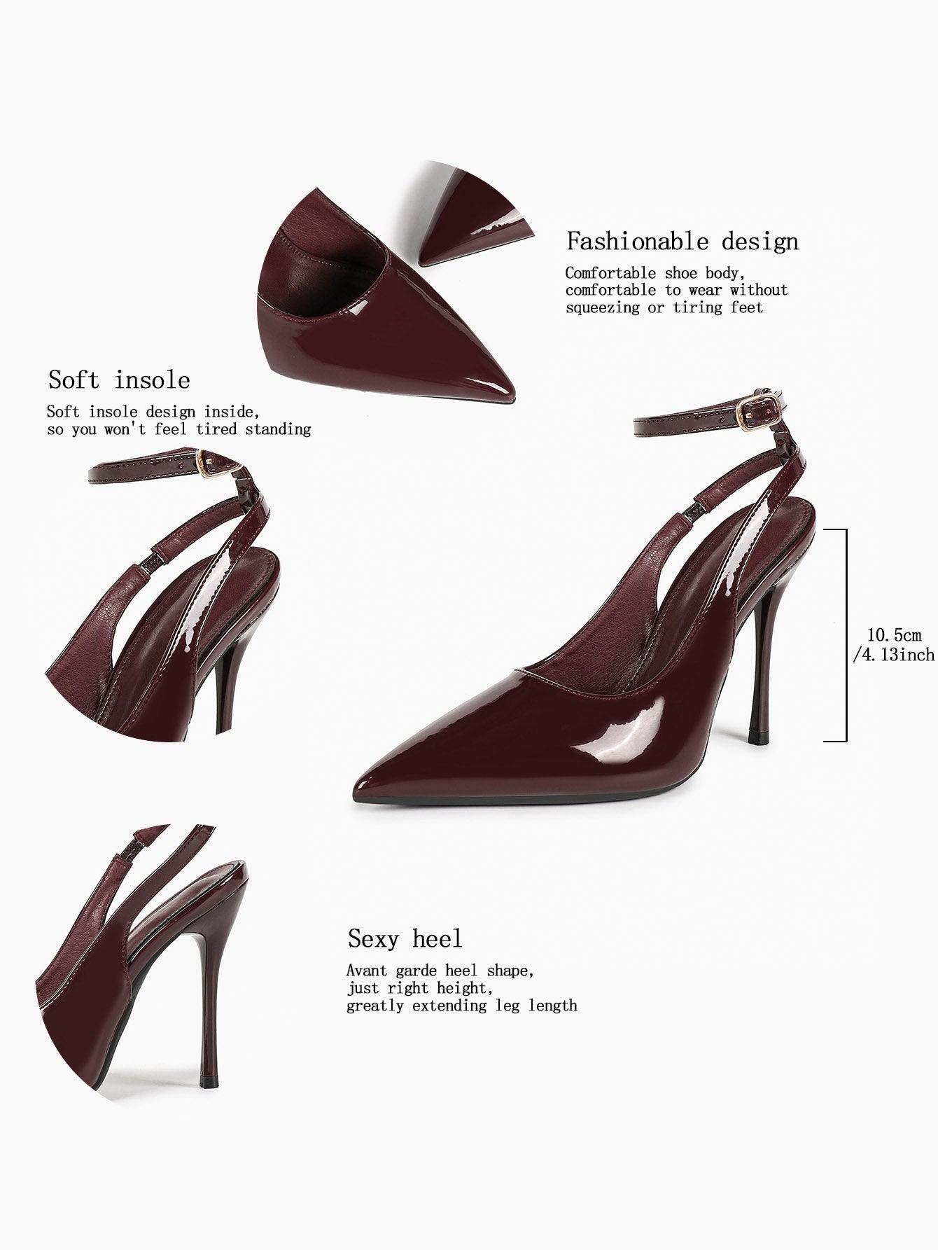 4.13" Burgundy Patent Slingback Heels - Pointed Toe with Non-Slip Tpu Sole