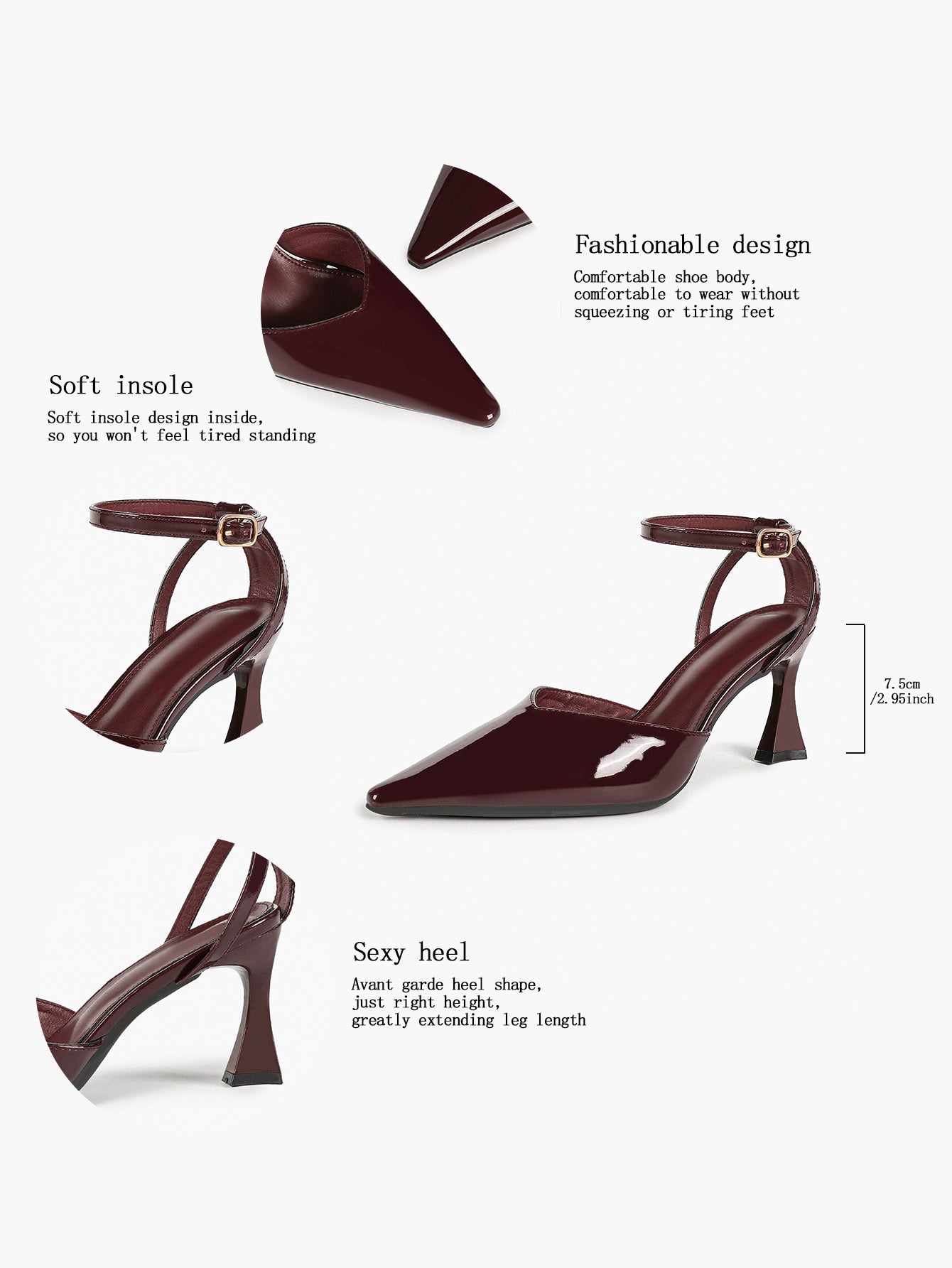 Comfort Flared Heel Slingbacks -  Burgundy Patent Pumps with Non-Slip Sole