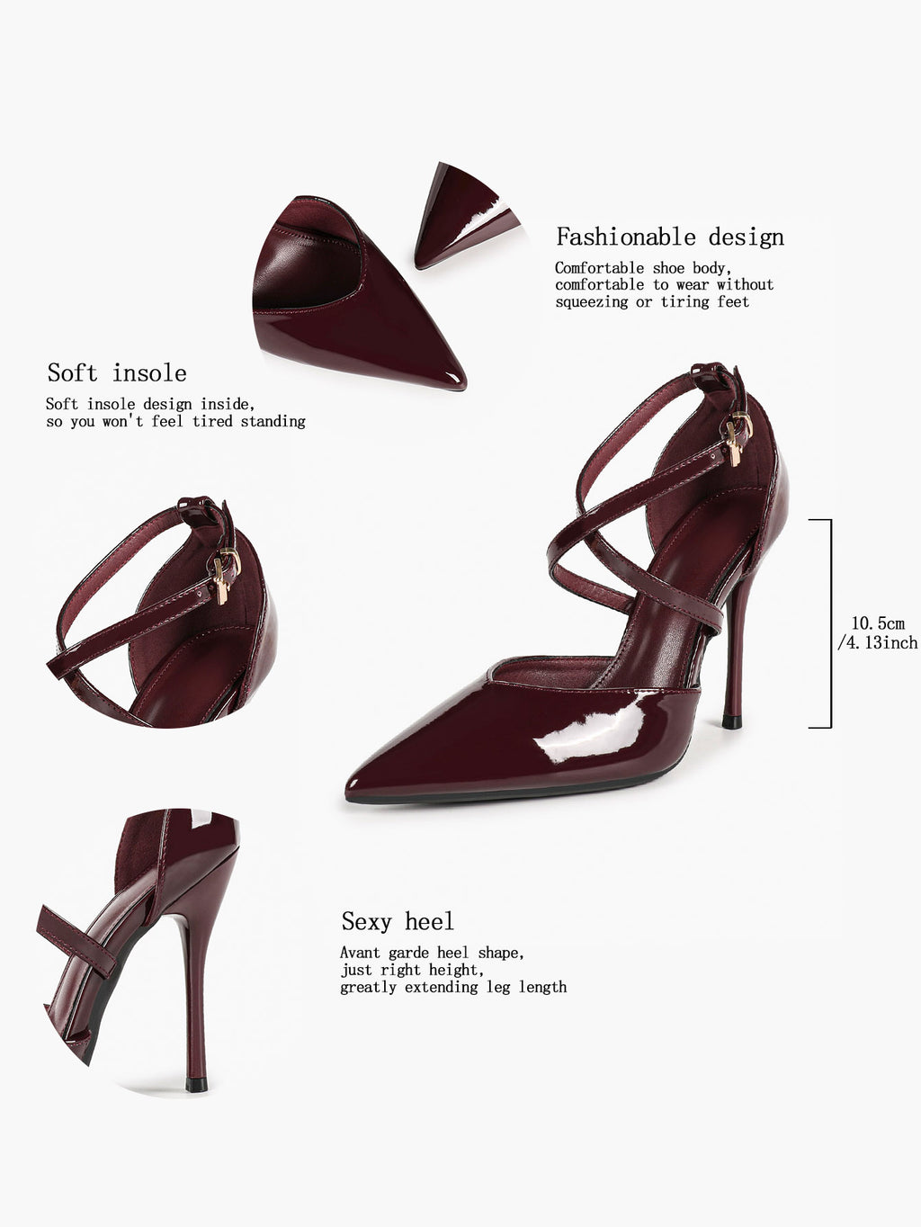 Burgundy Patent Leather Pointed Toe Crisscross Ankle Strap Stilettos High Heels with Soft Insole