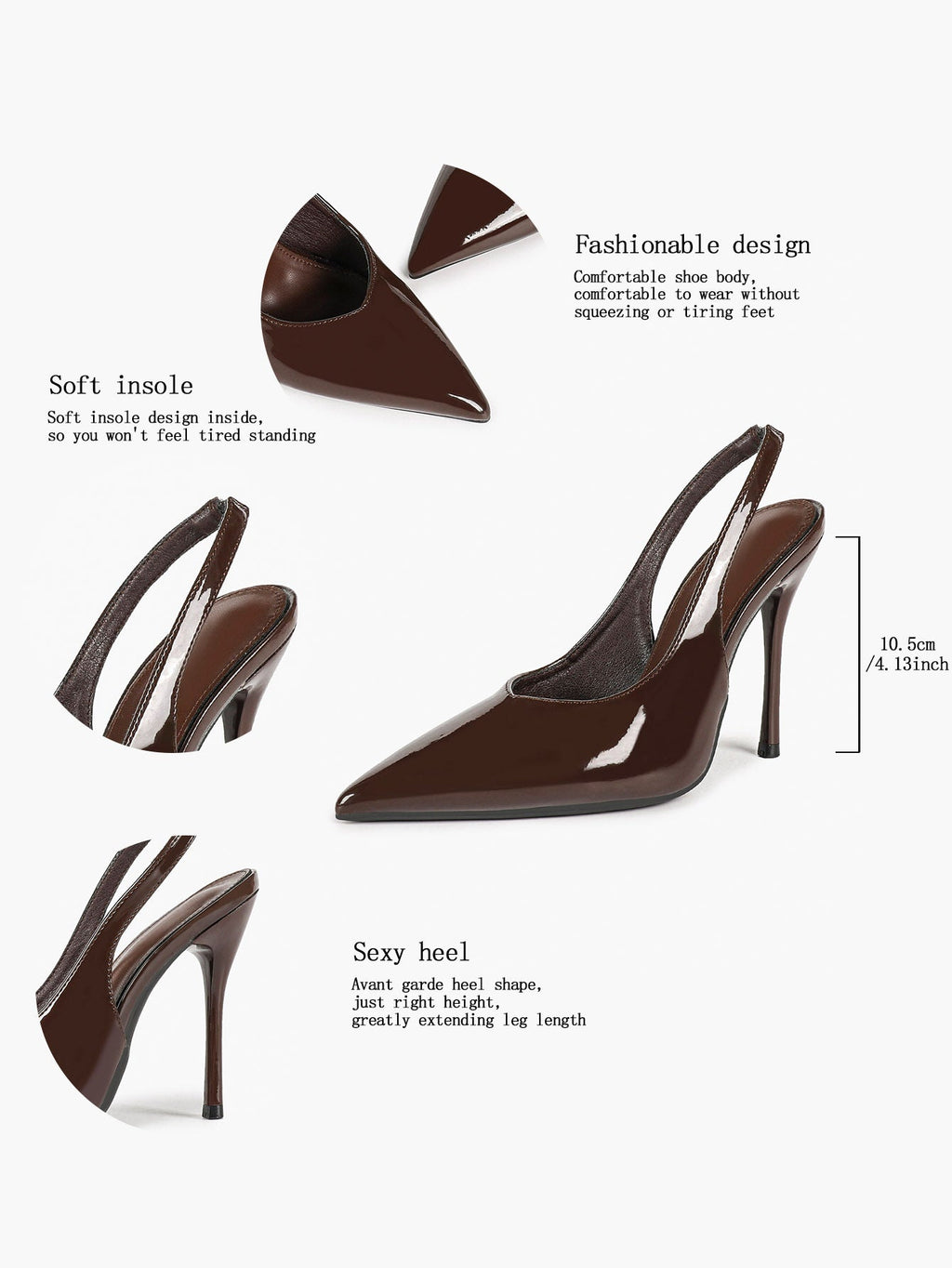 Dark Mocha Patent Slingback Pumps - 4.13" High Stiletto Heels for Fall/Winter Chic